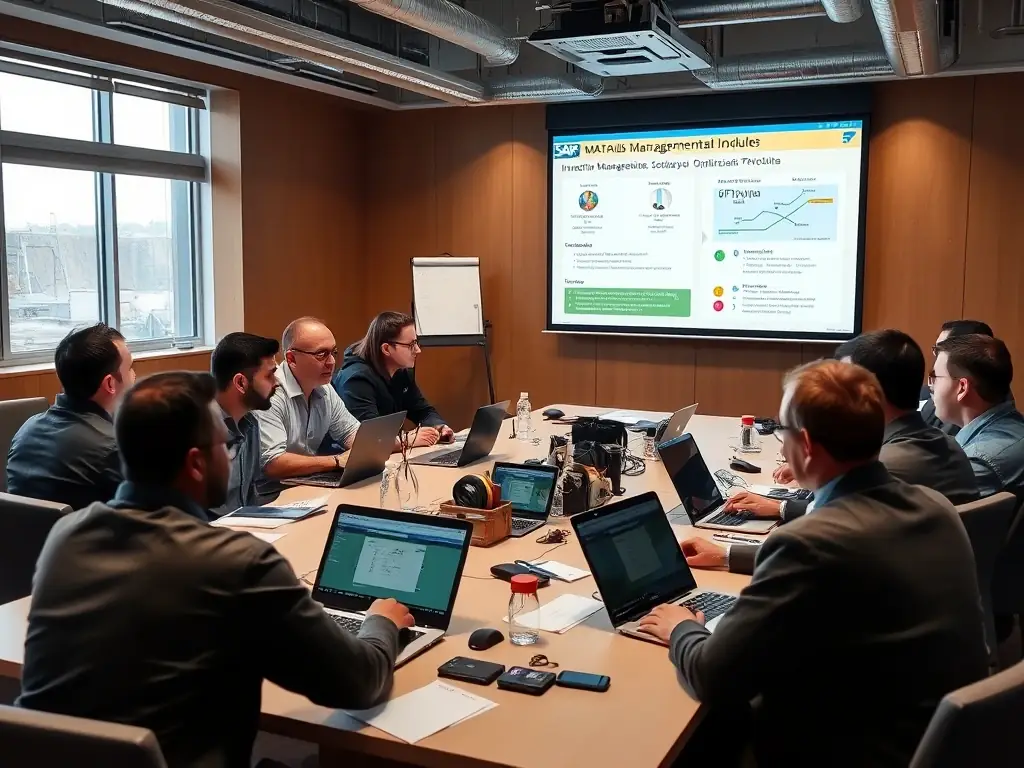 A training session for professionals in the mining industry, focusing on SAP-MM (Materials Management) module, with a focus on inventory management and supply chain optimization.