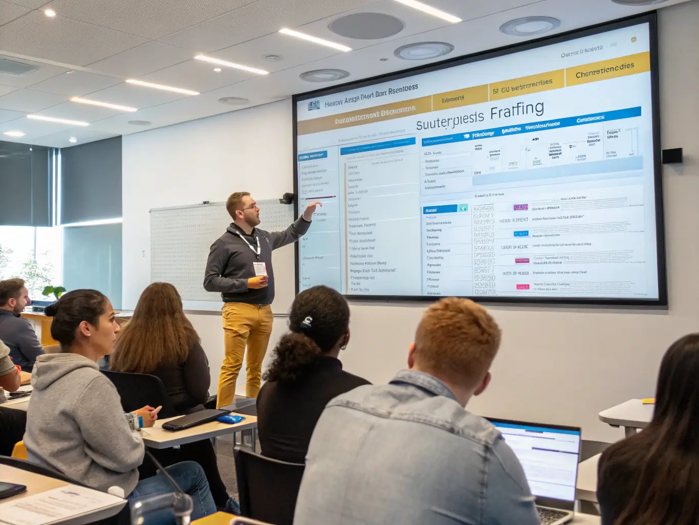A training session for professionals in the renewable energy industry, focusing on SAP-RE (Real Estate Management) module, with a focus on managing renewable energy assets and land resources.