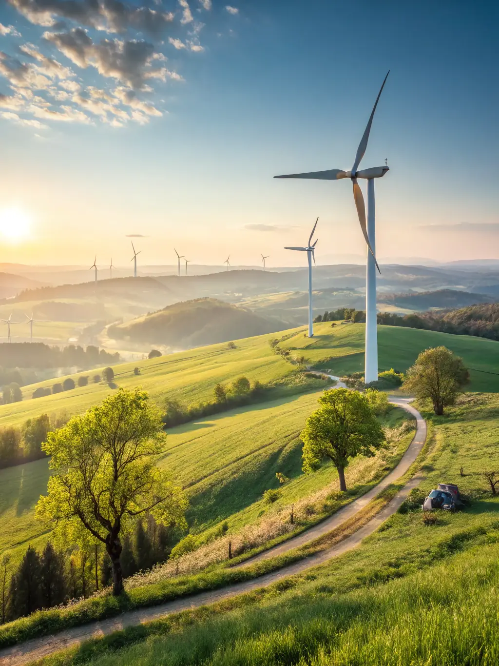 A wind turbine farm at sunset, symbolizing renewable energy, with a subtle overlay of SAP interface elements to represent the integration of technology.