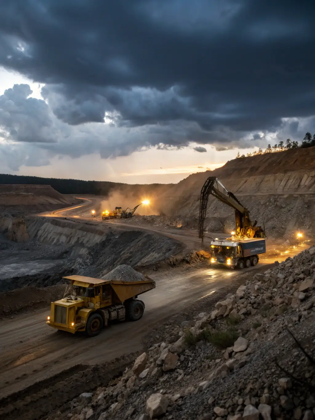 A mining site with heavy machinery, overlaid with a subtle SAP interface to represent the software's role in managing operations and resources.