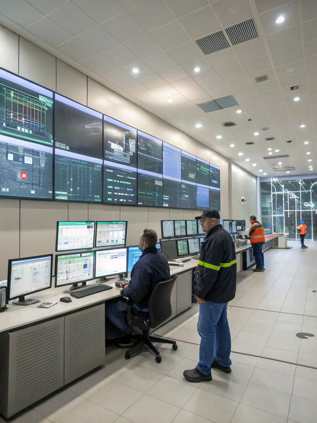 A control room in a power generation plant, with operators monitoring systems, and a subtle SAP interface overlayed to show the software's role.